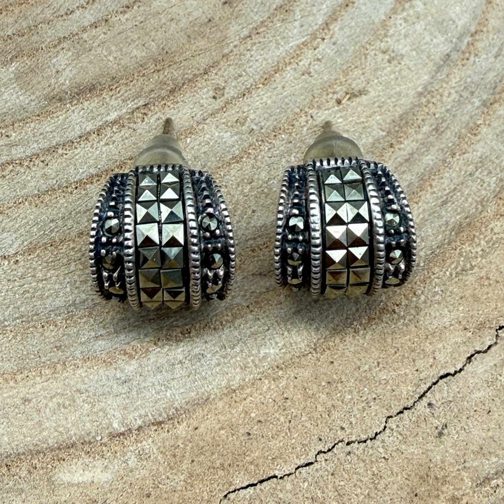Judith Jack Sterling Silver Marcasite Half Hoop Huggie Earrings Art Deco Style
